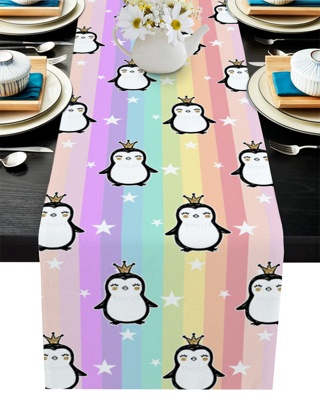 

Animal Penguin Stars Rainbow Stripes Table Runner Wedding Table Decor Dining Table Decor Placemat Christmas Decor Tablecloth