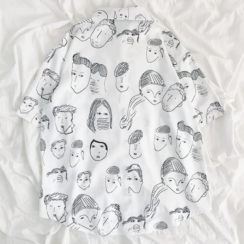 Japanese funny cartoon print turn-down collar buttoned loose white short sleeve shirt
Japanese funny cartoon print turn-down collar buttoned loose white short sleeve shirt