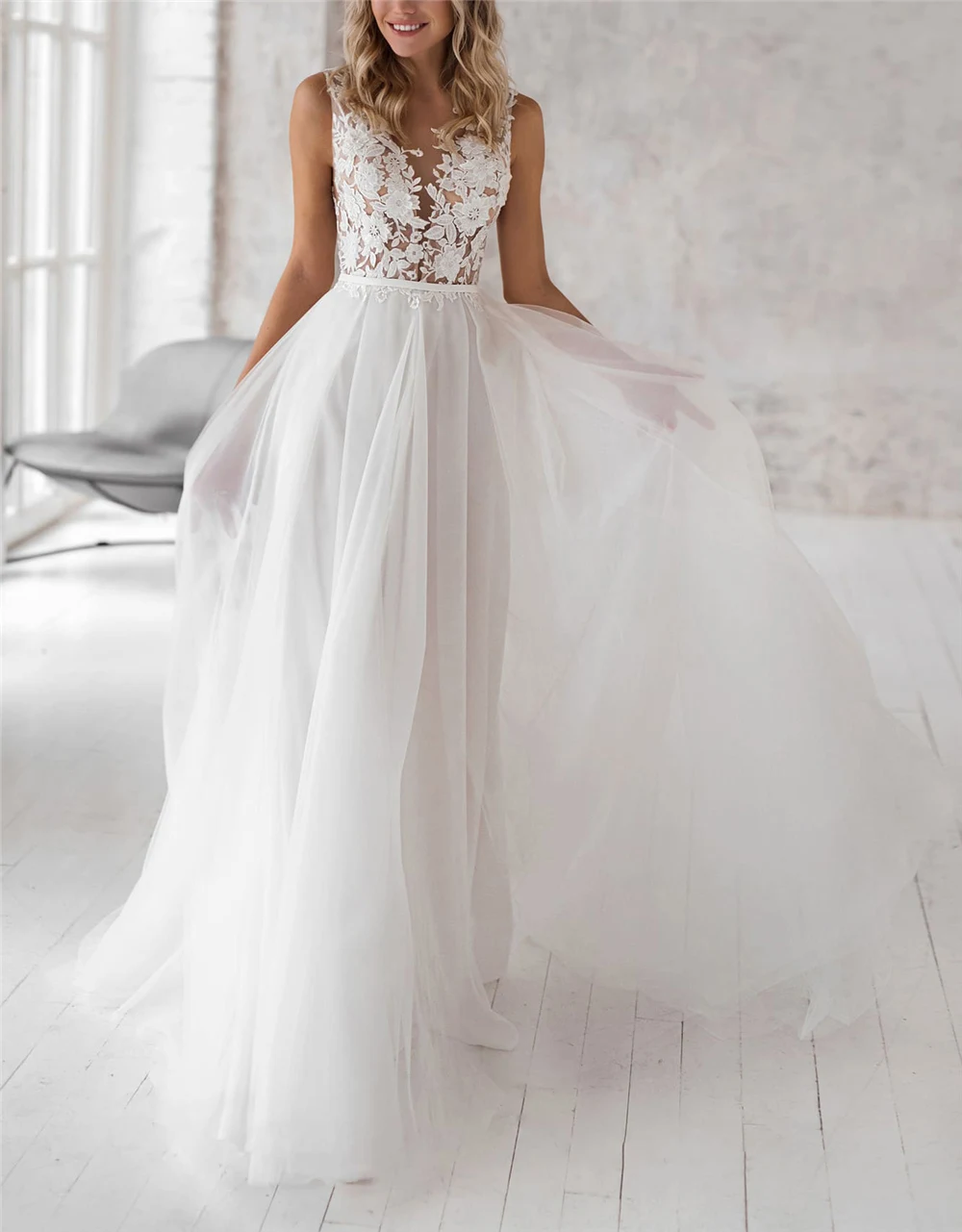 Illusion White Tulle Robe De Mariee Courte Organza Tullle Lace Appliques Full-Length Court Train A-line Wedding Gowns For Bride
Illusion White Tulle Robe De Mariee Courte Organza Tullle Lace Appliques Full-Length Court Train A-line Wedding Gowns For Bride