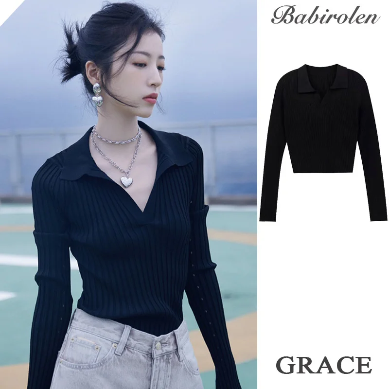 Tong Same Style 2021 Early Autumn French Style Temperament Slimming Polo Collar Black Slim Fit Sweater Knitwear Top Rac
Tong Same Style 2021 Early Autumn French Style Temperament Slimming Polo Collar Black Slim Fit Sweater Knitwear Top Rac