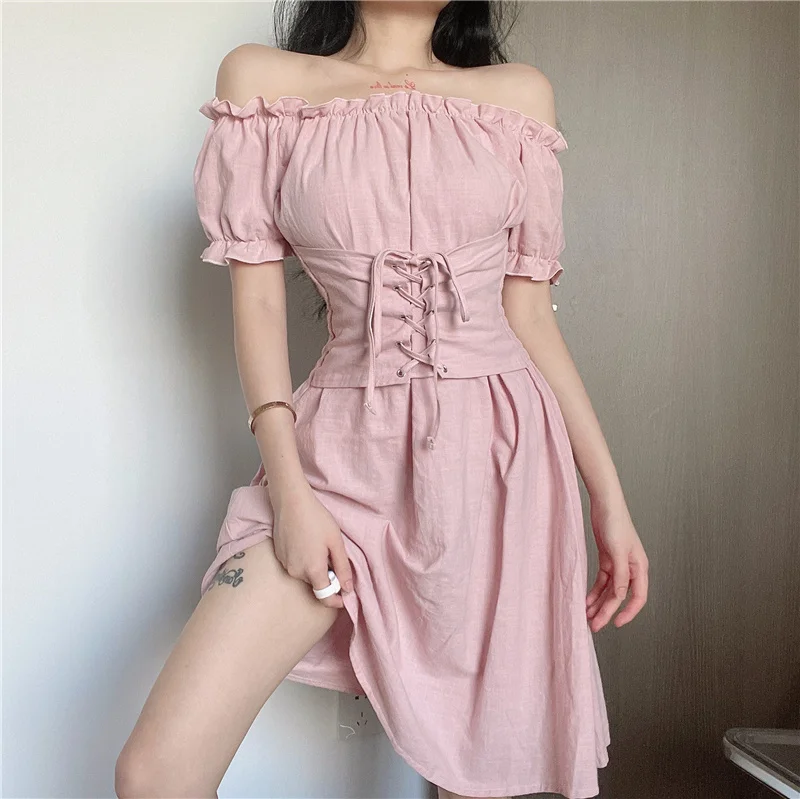 Kywommnz One Word Collar Corn Eyelet Strap Waist Dress Women Thin Temperament Wood Ears Mid-length Skirt Summer 2021 E2623 
Kywommnz One Word Collar Corn Eyelet Strap Waist Dress Women Thin Temperament Wood Ears Mid-length Skirt Summer 2021 E2623