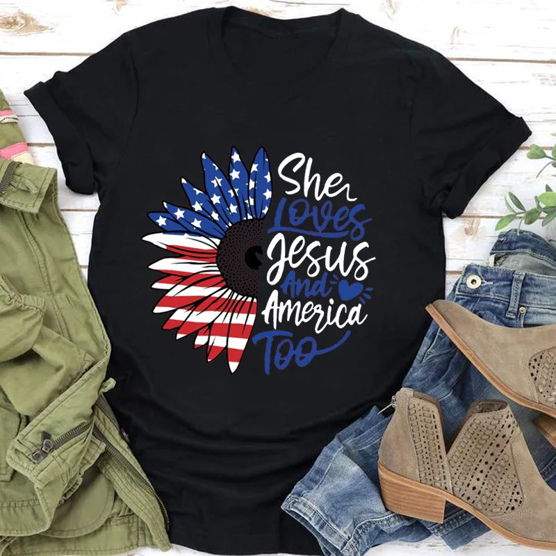She Loves Jesus and America Too Print Women T Shirt Short Sleeve O Neck Loose Women Tshirt Ladies Tee Shirt Tops Camisetas Mujer
She Loves Jesus and America Too Print Women T Shirt Short Sleeve O Neck Loose Women Tshirt Ladies Tee Shirt Tops Camisetas Mujer