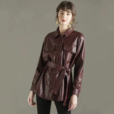 Leather Jacket Women's lace up belt pocket coat fashion single button coat purplish red casual elegant artificial Pu jacket
Leather Jacket Women's lace up belt pocket coat fashion single button coat purplish red casual elegant artificial Pu jacket
