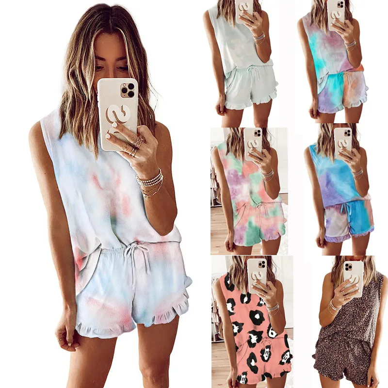 2021 Summer Women Suit Pajamas Casual Loose Tie Dye Printed Ruffle Short Sleeve Top And Shorts Two Piece Set Pajamas Hot Sale
2021 Summer Women Suit Pajamas Casual Loose Tie Dye Printed Ruffle Short Sleeve Top And Shorts Two Piece Set Pajamas Hot Sale