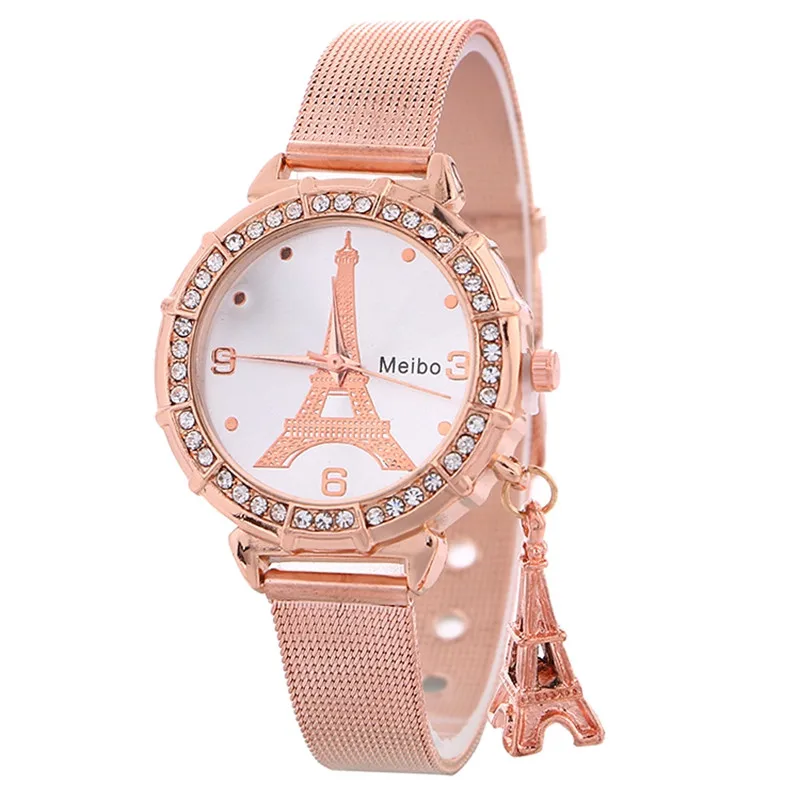 Фото Новое поступление модные женские часы с розовым золотым сетчатым ремешком из
