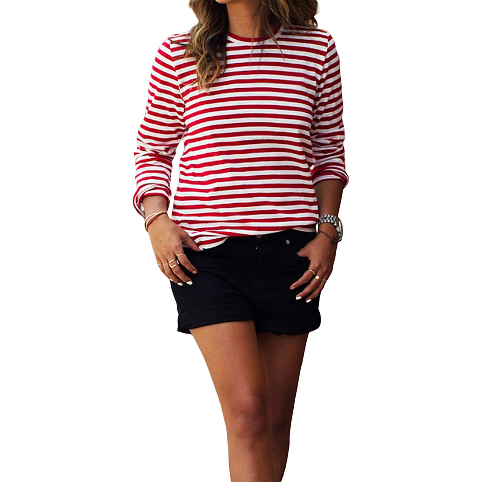 Autumn Women Casual Red White Striped Tops Fashion Loose Long Sleeve Round Neck T-Shirt 
Autumn Women Casual Red White Striped Tops Fashion Loose Long Sleeve Round Neck T-Shirt