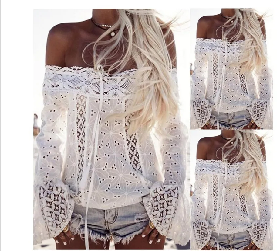 White one-shoulder flared sleeve lace top Off-the-shoulder fringed lace stitching top
White one-shoulder flared sleeve lace top Off-the-shoulder fringed lace stitching top