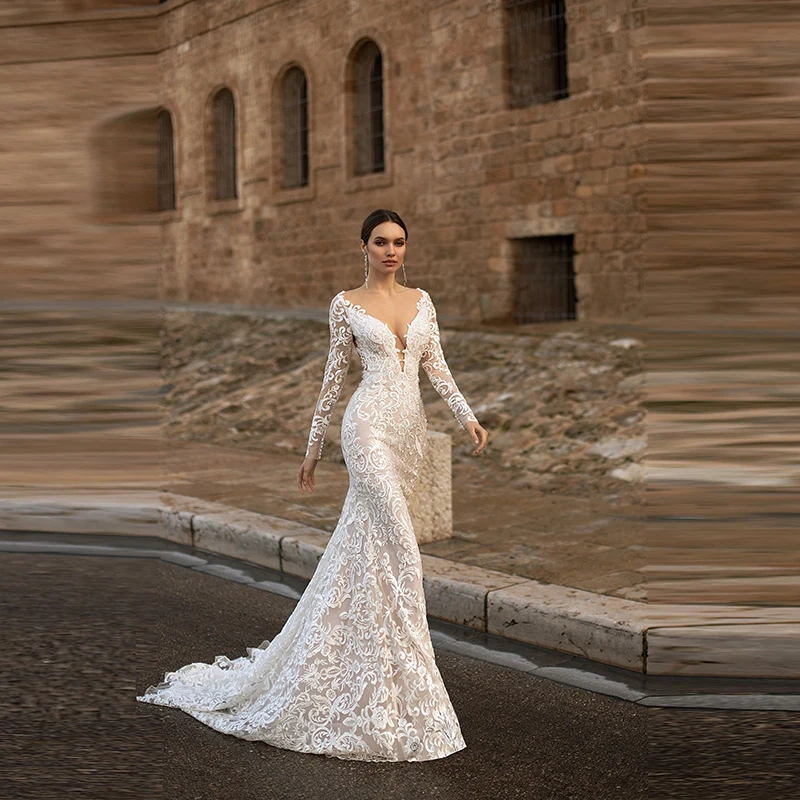 Wholesale Elegant Mermaid Lace Long Sleeve Bride Wedding Dresses with Detachable Train Bridal Gowns Backless Illusion Neckline
Wholesale Elegant Mermaid Lace Long Sleeve Bride Wedding Dresses with Detachable Train Bridal Gowns Backless Illusion Neckline