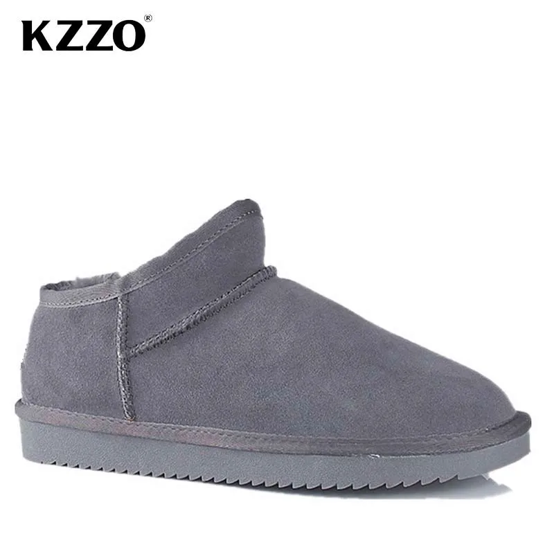 

KZZO 100% Genuine Leather Men Snow Boots Natural Wool Lined Winter Warm Australian Classic Mini Short Casual Boots Grey 38-47