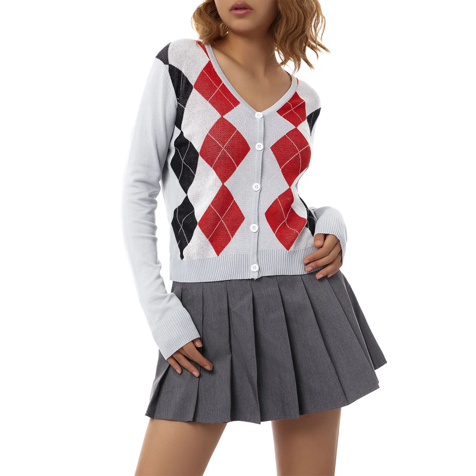 Ladies Autumn Single-breasted Knitwear Girls Leisure Style Diamond Plaid V-neck Long Sleeve Coat Short Knitted Cardigan
Ladies Autumn Single-breasted Knitwear Girls Leisure Style Diamond Plaid V-neck Long Sleeve Coat Short Knitted Cardigan