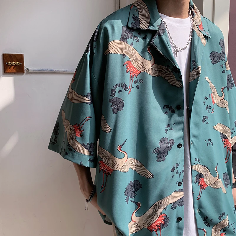 

2021 Streetwear Harajuku Shirts Men HipHop Oversized Grus Japonensis Printed Shirts Short Sleeve Casual Tops