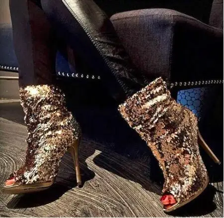 Dark Champagne Sequin Boots Peep Toe Stiletto Heel Party Slouch Boots Sexy Peep Toe Ankle Boots for Woman
Dark Champagne Sequin Boots Peep Toe Stiletto Heel Party Slouch Boots Sexy Peep Toe Ankle Boots for Woman