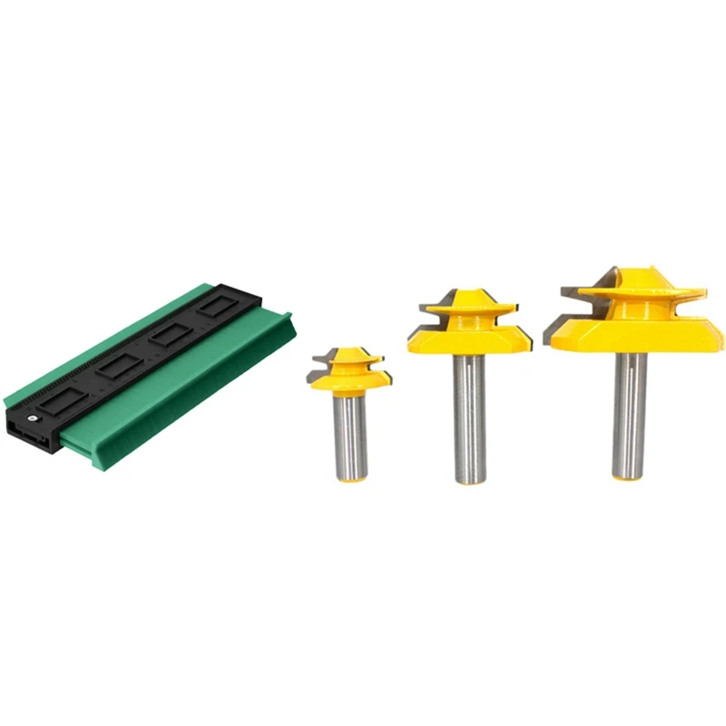 1X 10 Inch Contour Gauge Plastic Profile Gauge (Green) & 3Pcs 1/4Inch Shank 45 Degree Angle Lock Miter Router Bit 
1X 10 Inch Contour Gauge Plastic Profile Gauge (Green) & 3Pcs 1/4Inch Shank 45 Degree Angle Lock Miter Router Bit