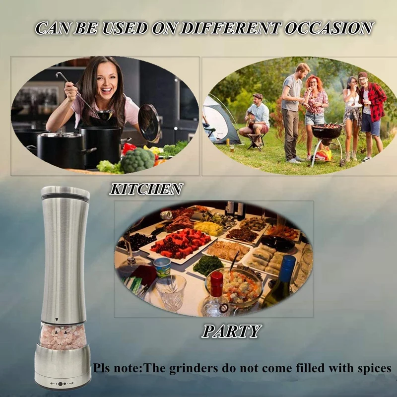 2 Pcs Stainless Steel Electric Salt and Pepper Grinder,with LED Light,Battery Operated,Adjustable Coarseness
2 Pcs Stainless Steel Electric Salt and Pepper Grinder,with LED Light,Battery Operated,Adjustable Coarseness