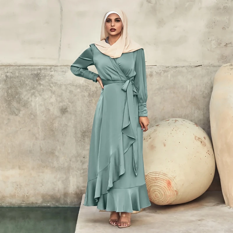 Eid Satin Abaya Dress Kaftan Muslim Women Solid irregular Long Sleeve Ruffles Long Maxi Dress Summer Dubai Turkey Modest W
Eid Satin Abaya Dress Kaftan Muslim Women Solid irregular Long Sleeve Ruffles Long Maxi Dress Summer Dubai Turkey Modest W