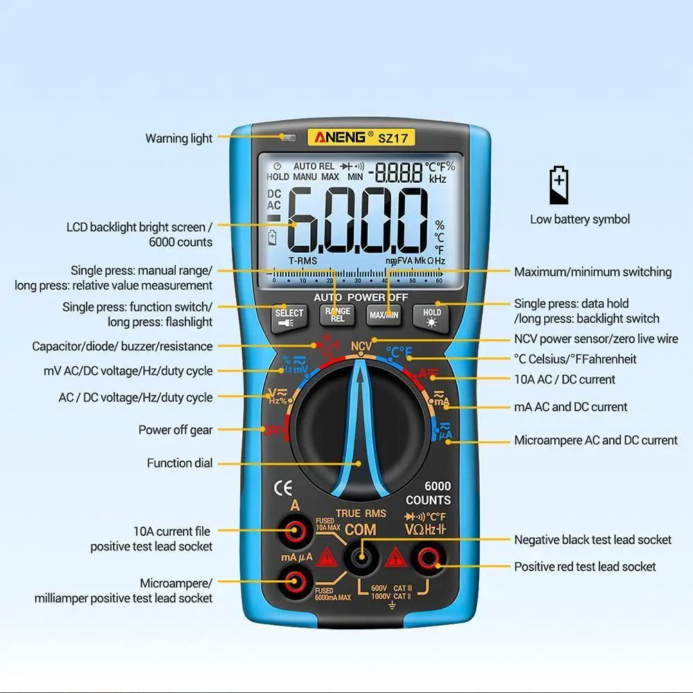 Professional Digital Multimeter True RMS NCV 20A Current AC DC Voltmeter Capacitance Resistance Tester ANENG M167
Professional Digital Multimeter True RMS NCV 20A Current AC DC Voltmeter Capacitance Resistance Tester ANENG M167