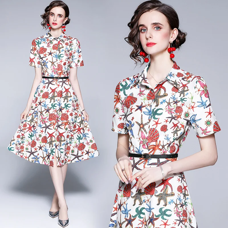 Женское платье с поясом, однобортное платье в стиле хип-хоп с принтом, отложным воротником и короткими рукавами, женская одежда 
Женское платье с поясом, однобортное платье в стиле хип-хоп с принтом, отложным воротником и короткими рукавами, женская одежда