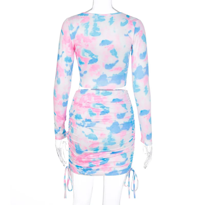 Tie-dye Women's Long-sleeved Suit V-neck Cross Short Long-sleeved Top + High Waist Bag Hip Sexy Mini Skirt 
Tie-dye Women's Long-sleeved Suit V-neck Cross Short Long-sleeved Top + High Waist Bag Hip Sexy Mini Skirt
