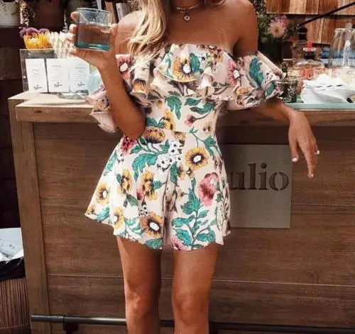 Летний Boho Женский цветочный принт с открытыми плечами оборками Облегающий