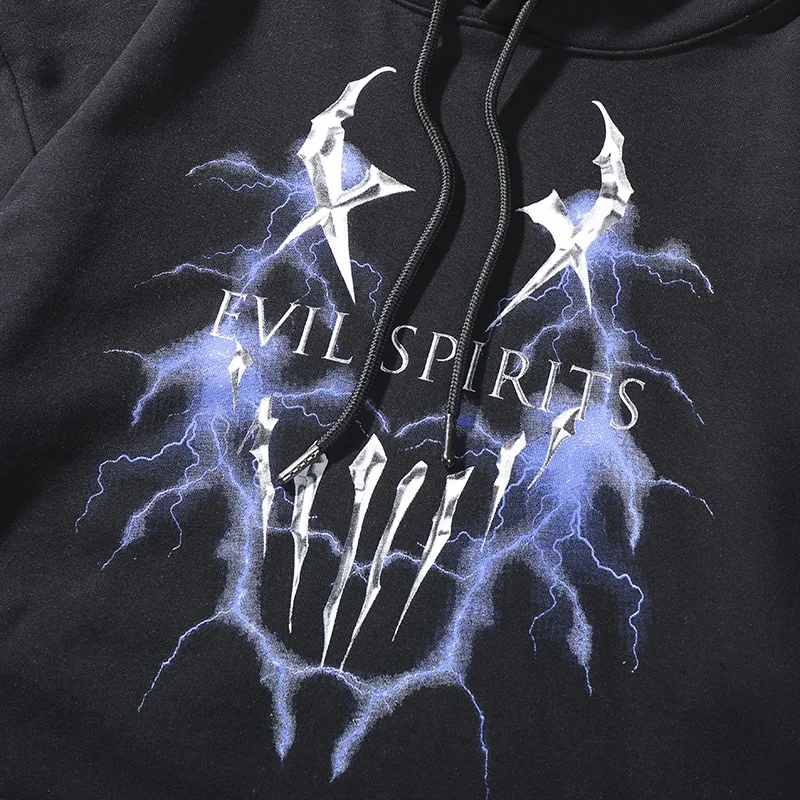 2020 Men Hip Hop Hoodie Sweatshirt Lightning Devil Print Harajuku Streetwear Hooded Pullover Cotton Autumn Loose Black | Мужская одежда