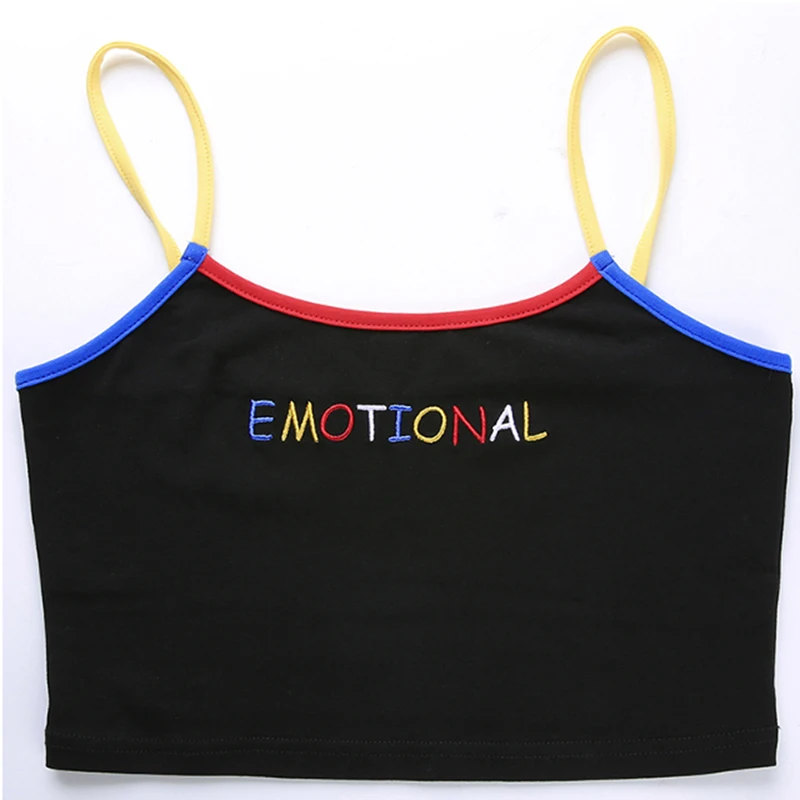 Sexy EMOTIONAL Letter Embroidery Tops Summer Women Sexy Sleevelsess Shirts Cropped Ladies Spaghetti Strap Elastic Blouse
Sexy EMOTIONAL Letter Embroidery Tops Summer Women Sexy Sleevelsess Shirts Cropped Ladies Spaghetti Strap Elastic Blouse