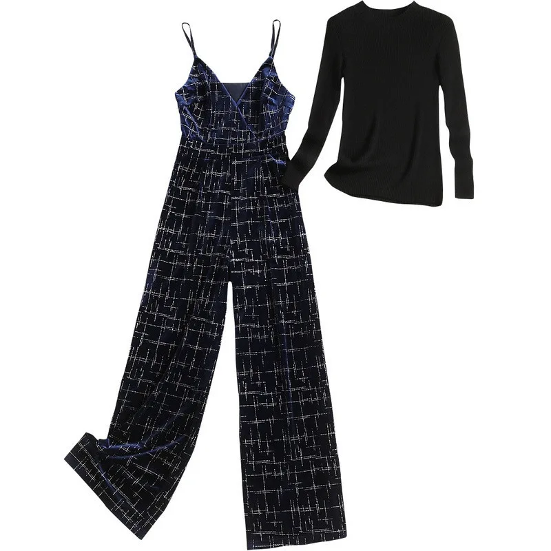 2XL Elegant Plaid Velvet Women Set Long Sleeve Knit Pullover Twinset Strap Jumpsuit Outfit Wide Leg Pants Suit 
2XL Elegant Plaid Velvet Women Set Long Sleeve Knit Pullover Twinset Strap Jumpsuit Outfit Wide Leg Pants Suit