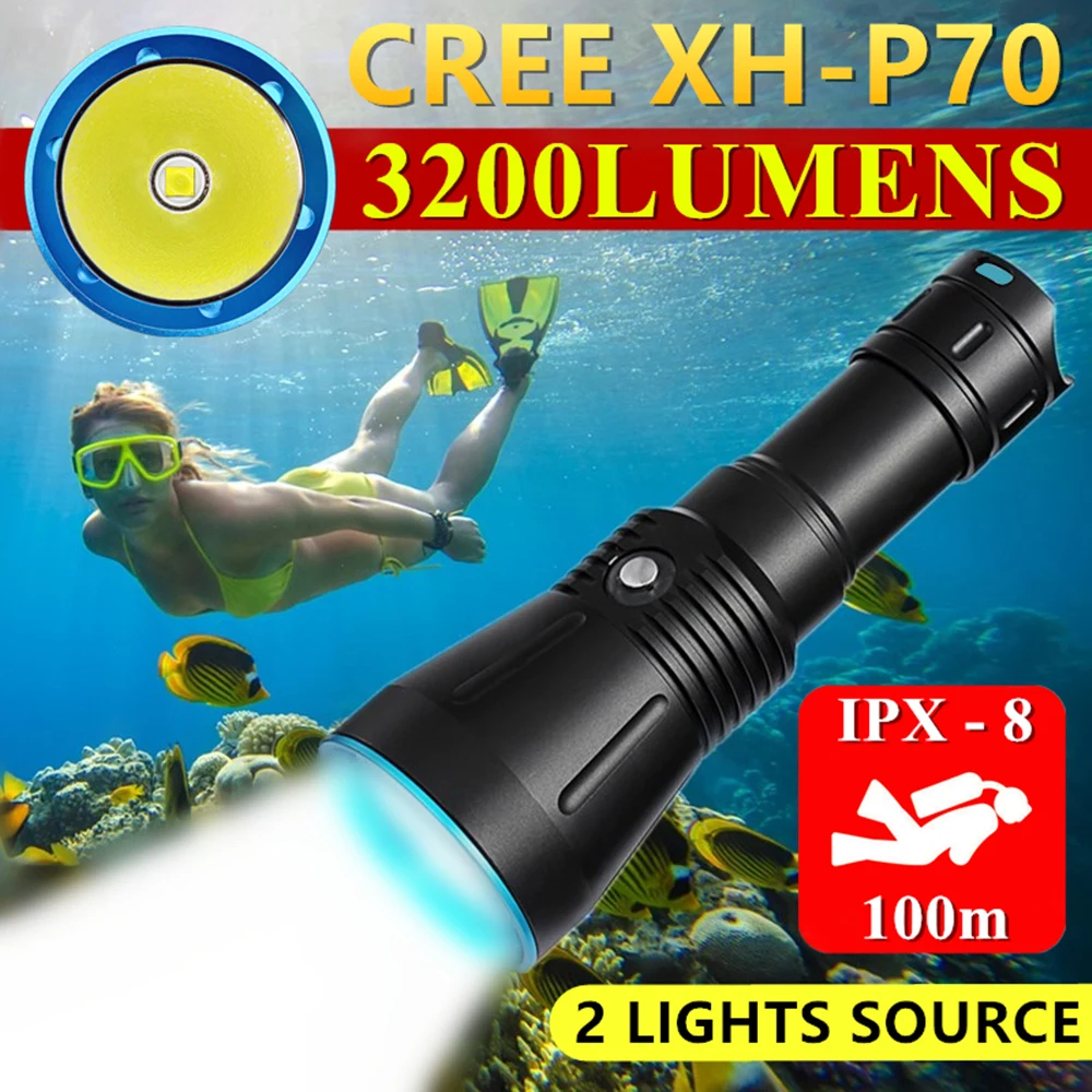 

CREE XHP70 High Power Underwater 100m Waterproof Dive Fill Light LED Scuba Powerful Flashlight Diving Lights Hunting Torch