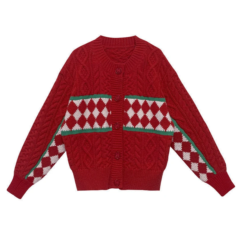 PERHAPS U Women Sweater Knitted Crew Neck Cardigan Button Red Navy Argyle Plaid Spring Autumn M0370
PERHAPS U Women Sweater Knitted Crew Neck Cardigan Button Red Navy Argyle Plaid Spring Autumn M0370