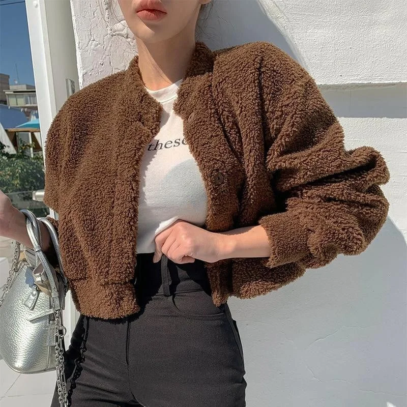 

Winter Women Chic Bomber Cropped Jacket Female Lambs Wool Faux Fur Short Coats Lady Teddy Fuzzy Veste Femme Korean Style Tops