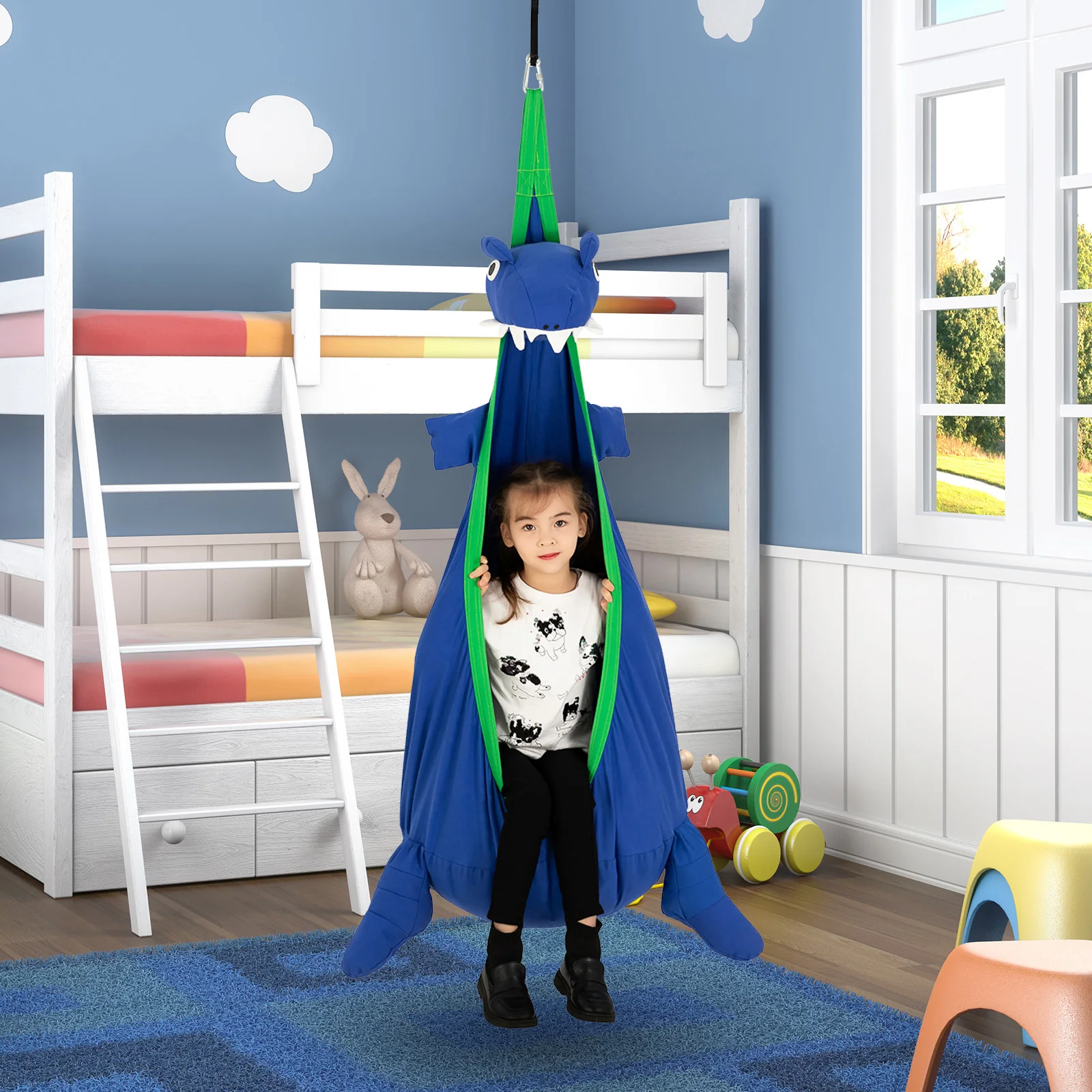 Hammock Swing Chair 100% Cotton Dinosaur-shaped kids Pod Swing Seat Space Save Durable for Indoor Garden with Inflatable Cushion
Hammock Swing Chair 100% Cotton Dinosaur-shaped kids Pod Swing Seat Space Save Durable for Indoor Garden with Inflatable Cushion