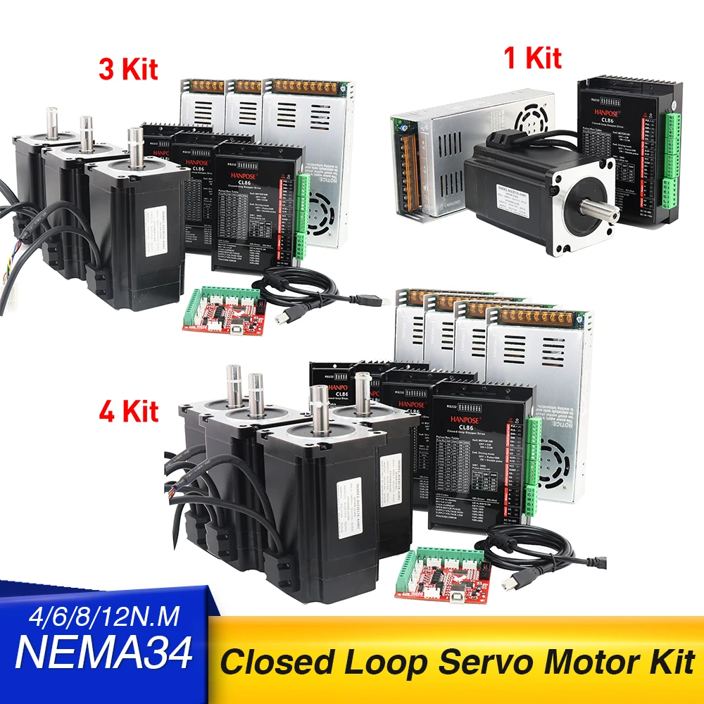 

3 axis cnc kit nema 34 closed loop Servo Stepper Motor 12N 8N 4N + Driver CL86 48V Power Supply+ MACH3 Interface board cable
