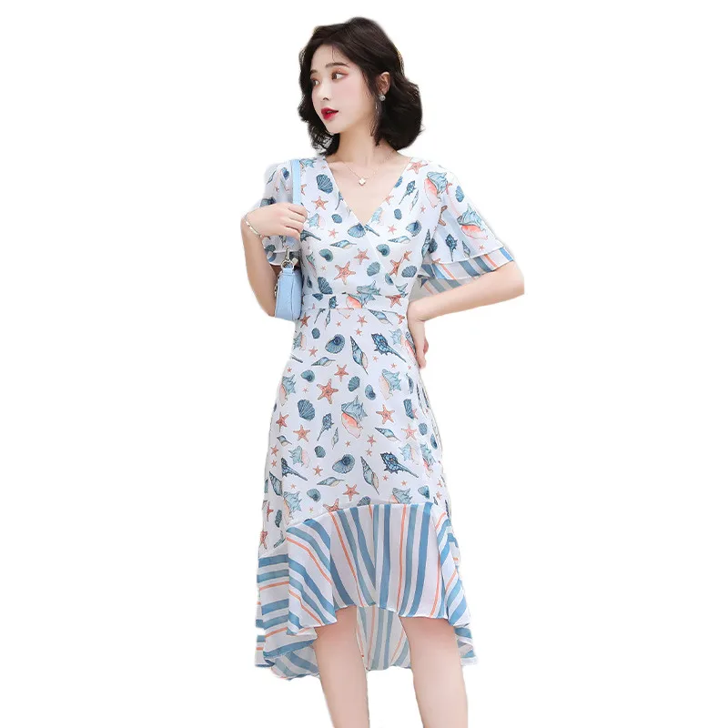 Chiffon Print Dress Women 2021 Summer Fashion Temperament High Waist Thin V-neck Slim Irregular Dresses Female JD1336
Chiffon Print Dress Women 2021 Summer Fashion Temperament High Waist Thin V-neck Slim Irregular Dresses Female JD1336
