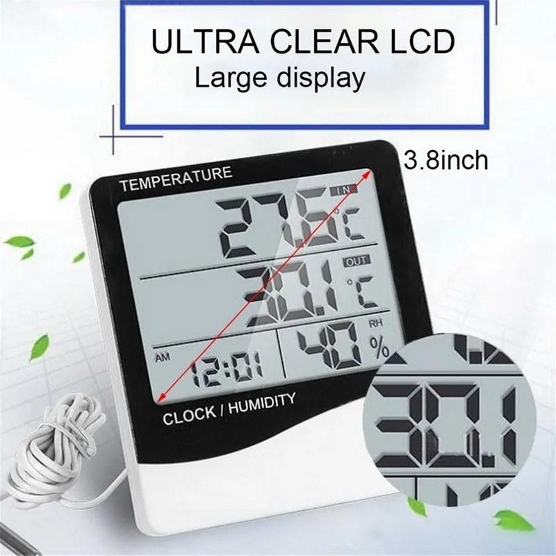 LCD Digital Temperature Humidity Meter Home Indoor Outdoor Thermometer Hygrometer Weather Station with Clock
LCD Digital Temperature Humidity Meter Home Indoor Outdoor Thermometer Hygrometer Weather Station with Clock