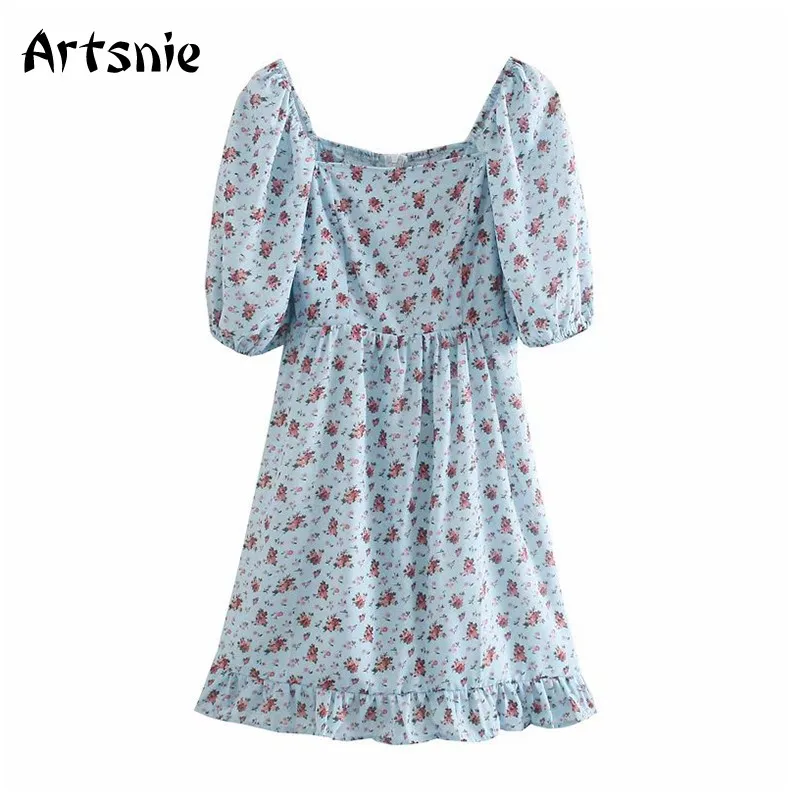 Artsnie Blue Floral Print Mini A Line Dress Women Summer 2021 High Waist Ruffles Puff Sleeve Vintage Short Dresses Vestidos 
Artsnie Blue Floral Print Mini A Line Dress Women Summer 2021 High Waist Ruffles Puff Sleeve Vintage Short Dresses Vestidos