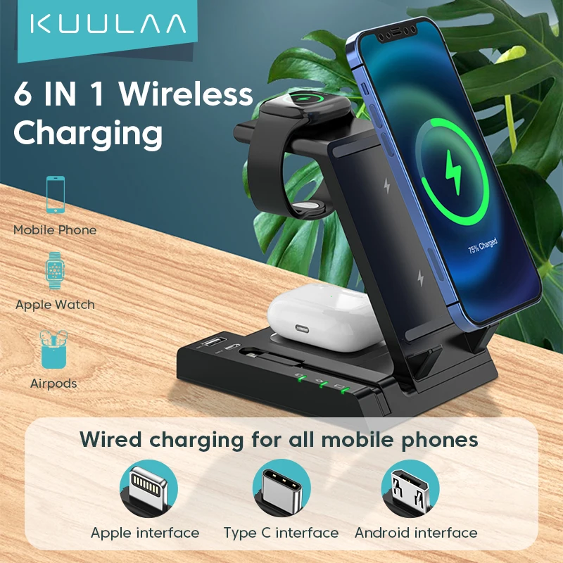 

KUULAA 15W Qi Wireless Charger Stand For iPhone 13 For Apple Watch 6 in 1 Foldable Charging Dock Station For Airpods Pro iWatch