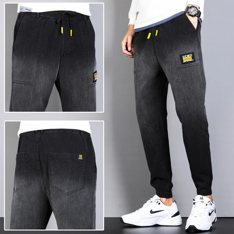 

Jogger Jeans Pants Men Black Gray Elastic Waist Harem Pants Casual Patches 2021 Autumn Denim Trousers Relaxed Joggers Pants Man