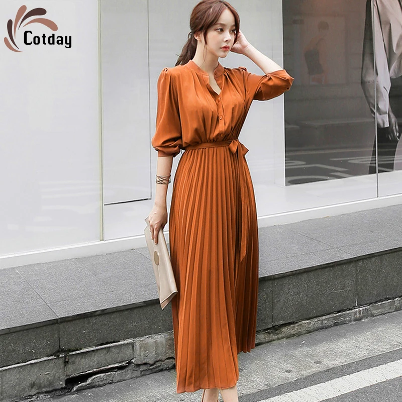 Cotday Single Breasted Casual Orange Female Long Vestidos Temperament Elegant Women Three Quarter Pleated Slim A-line Dresses
Cotday Single Breasted Casual Orange Female Long Vestidos Temperament Elegant Women Three Quarter Pleated Slim A-line Dresses