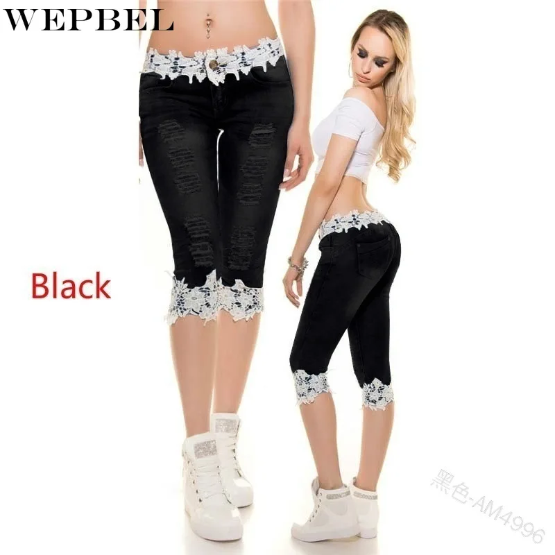 WEPBEL Knee Length Jeans Women's Low Waist Casual Stitching Lace Ripped Jeans Summer Solid Color Slim Denim Pencil Shorts
WEPBEL Knee Length Jeans Women's Low Waist Casual Stitching Lace Ripped Jeans Summer Solid Color Slim Denim Pencil Shorts