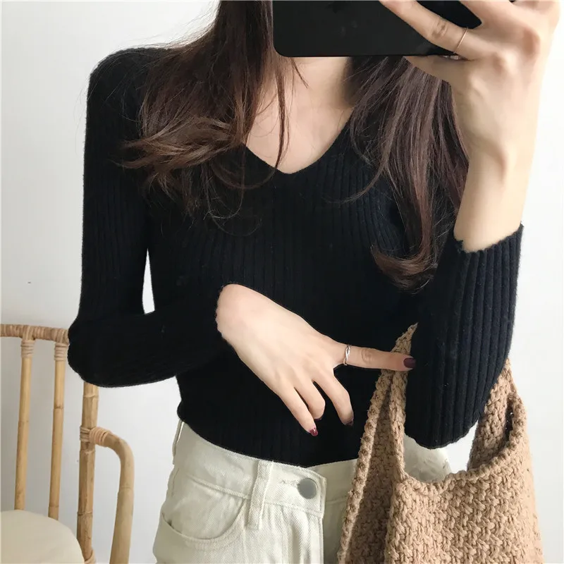 2021 Spring Autumn Women's Solid Sexy V-Neck Slim Pullover Sweater Female Tight Fitting Long-Sleeved Knitted Bottoming Sweaters
2021 Spring Autumn Women's Solid Sexy V-Neck Slim Pullover Sweater Female Tight Fitting Long-Sleeved Knitted Bottoming Sweaters