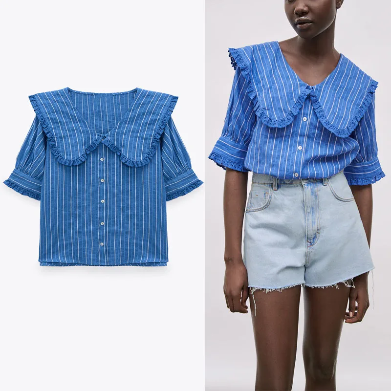 Za 2021 Retro Blue Striped Shirt Women Short Puff Sleeve Openwork Embroidery Blouse Female Fashion Button Up Summer Top
Za 2021 Retro Blue Striped Shirt Women Short Puff Sleeve Openwork Embroidery Blouse Female Fashion Button Up Summer Top