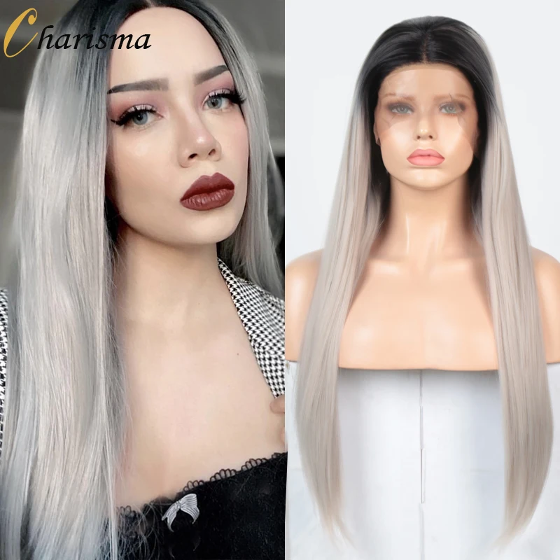 

Charisma Long Silky Straight Hair Synthetic Lace Front Wig with Black Roots Middle Part Lace Wigs for Women Ombre Grey Wig