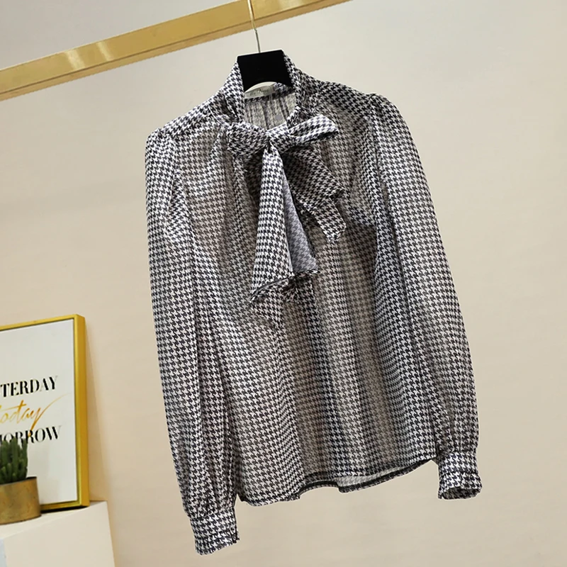 Spring Autumn Women's Blouse Korean Style Bow Neck Puff Sleeve Houndstooth Top New Casual Loose Long Sleeved Female Tops
Spring Autumn Women's Blouse Korean Style Bow Neck Puff Sleeve Houndstooth Top New Casual Loose Long Sleeved Female Tops