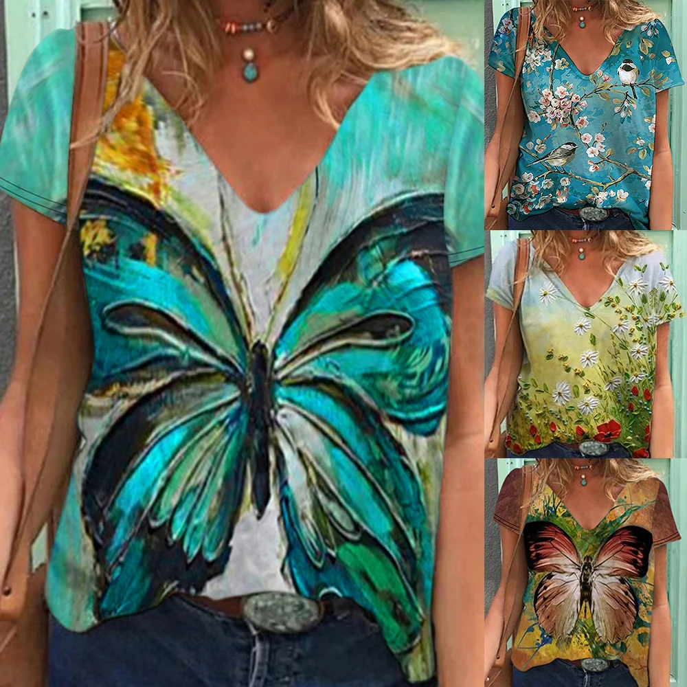 Women's Floral Butterfly Printed Short Sleeve T-shirt Summer V-Neck Casual Loose Pullover Fashion Streetwear Tee Shirt Top D30
Women's Floral Butterfly Printed Short Sleeve T-shirt Summer V-Neck Casual Loose Pullover Fashion Streetwear Tee Shirt Top D30