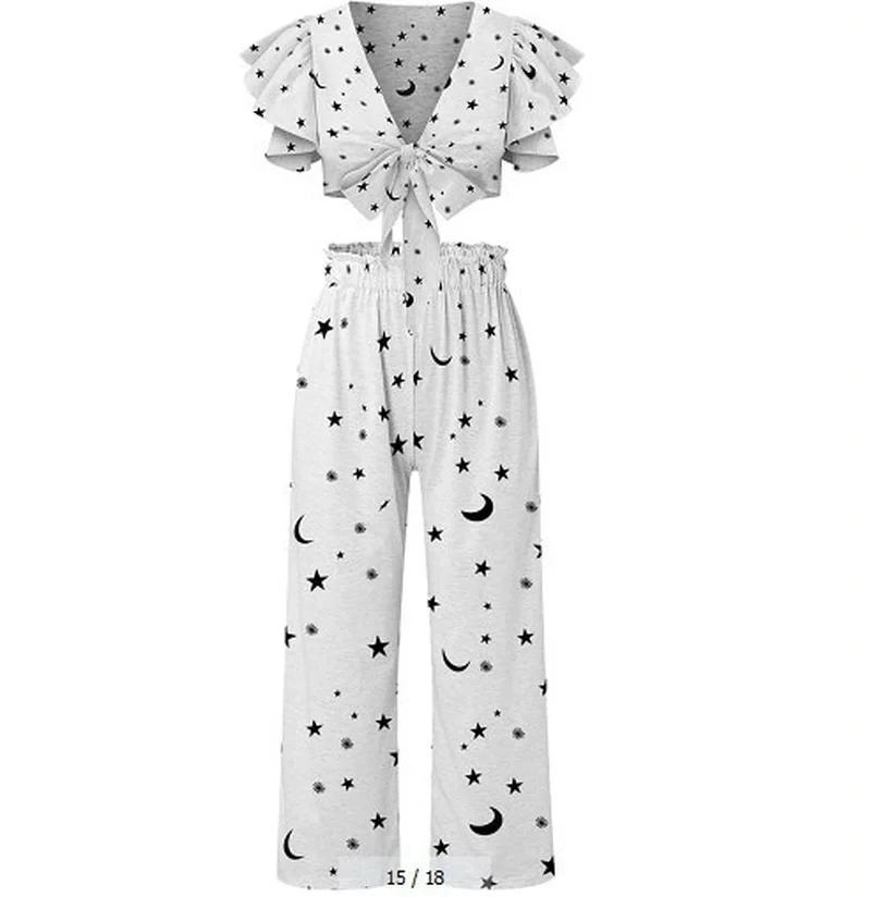 Ladies Casual V-neck Lace-sleeved Short Lace-up Top + High-waist Wide-leg Trousers Fashion Sexy Printed Beach Two-piece Suit
Ladies Casual V-neck Lace-sleeved Short Lace-up Top + High-waist Wide-leg Trousers Fashion Sexy Printed Beach Two-piece Suit