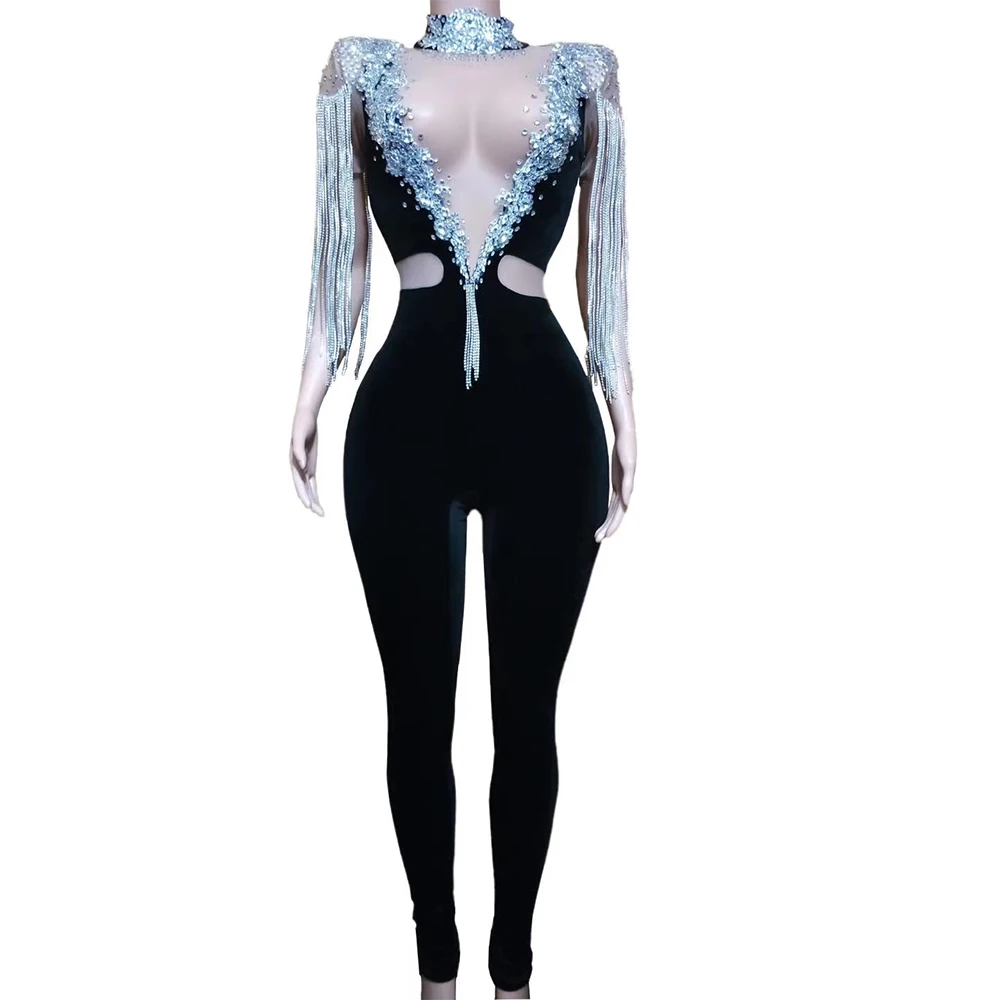 Sparkling Rhinestones Sleeveless Fringes Jumpsuits Hollow Out Sknny Stretch Women Bodysuits Stage Wear Lady Nightclub Outfit 
Sparkling Rhinestones Sleeveless Fringes Jumpsuits Hollow Out Sknny Stretch Women Bodysuits Stage Wear Lady Nightclub Outfit