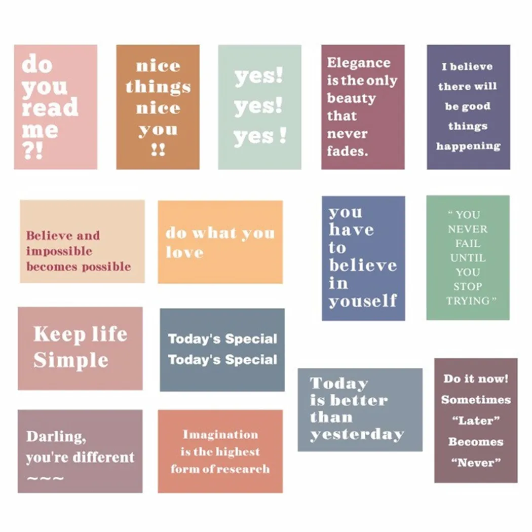 15 Pcs/Set Text Inspirational Decorative Card Dormitory Bedroom Room Stickers *100% Brand New And High Quality
15 Pcs/Set Text Inspirational Decorative Card Dormitory Bedroom Room Stickers *100% Brand New And High Quality