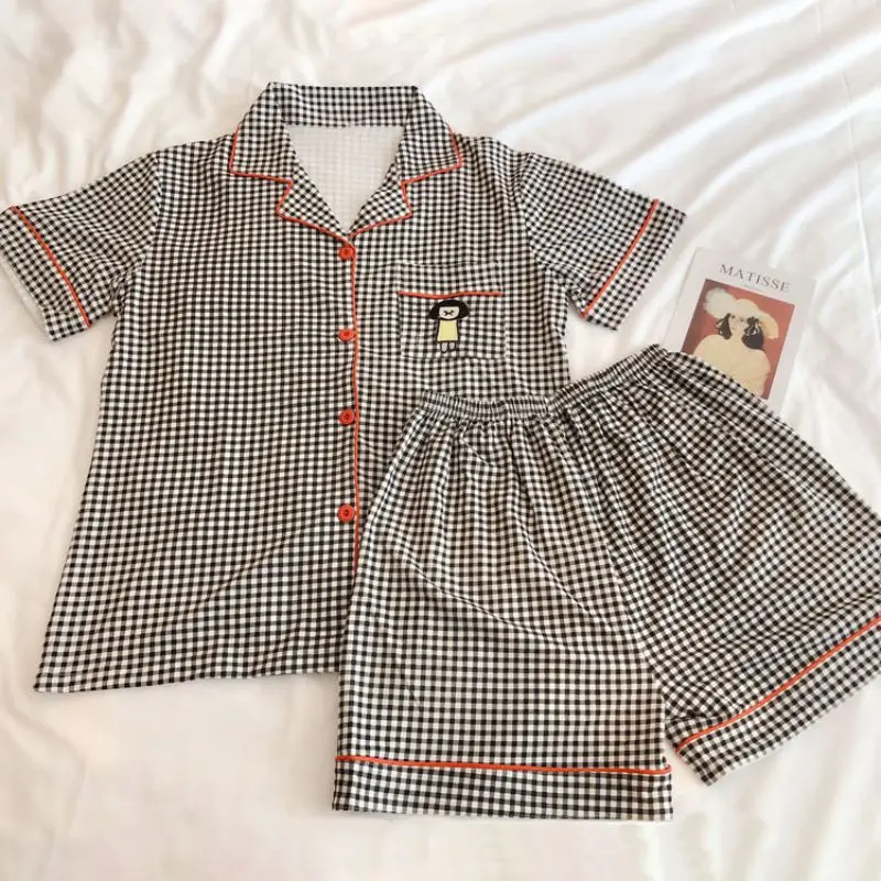 Summer Short-sleeved Sleepwear Suit Thin Plaid Nightwear Loose Ladies Sweet Cute Pajamas
Summer Short-sleeved Sleepwear Suit Thin Plaid Nightwear Loose Ladies Sweet Cute Pajamas
