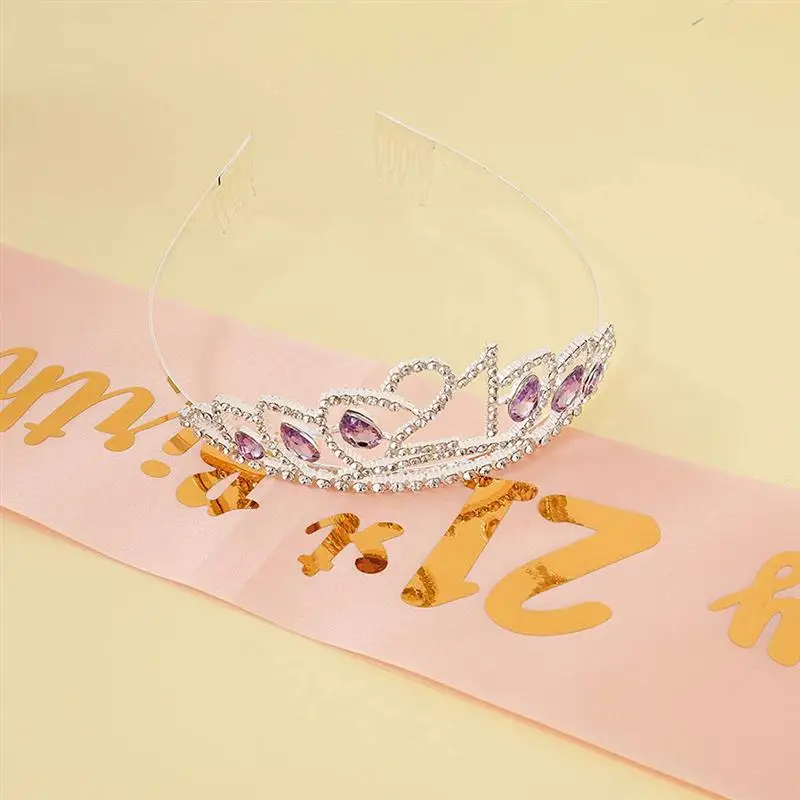 

2pcs/Set Birthday Crown Sash Crystal Crown Tiara Printing Etiquette Belt Decoration Headdress Shoulder Strap Party Supplies