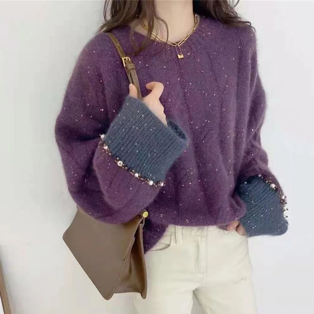 Fashion Women Cotton Sweater Long Beaded Sleeve Solid Spot Printing Patchwork Round Neck Autumn Thicken Elegant Lady Sweater
Fashion Women Cotton Sweater Long Beaded Sleeve Solid Spot Printing Patchwork Round Neck Autumn Thicken Elegant Lady Sweater