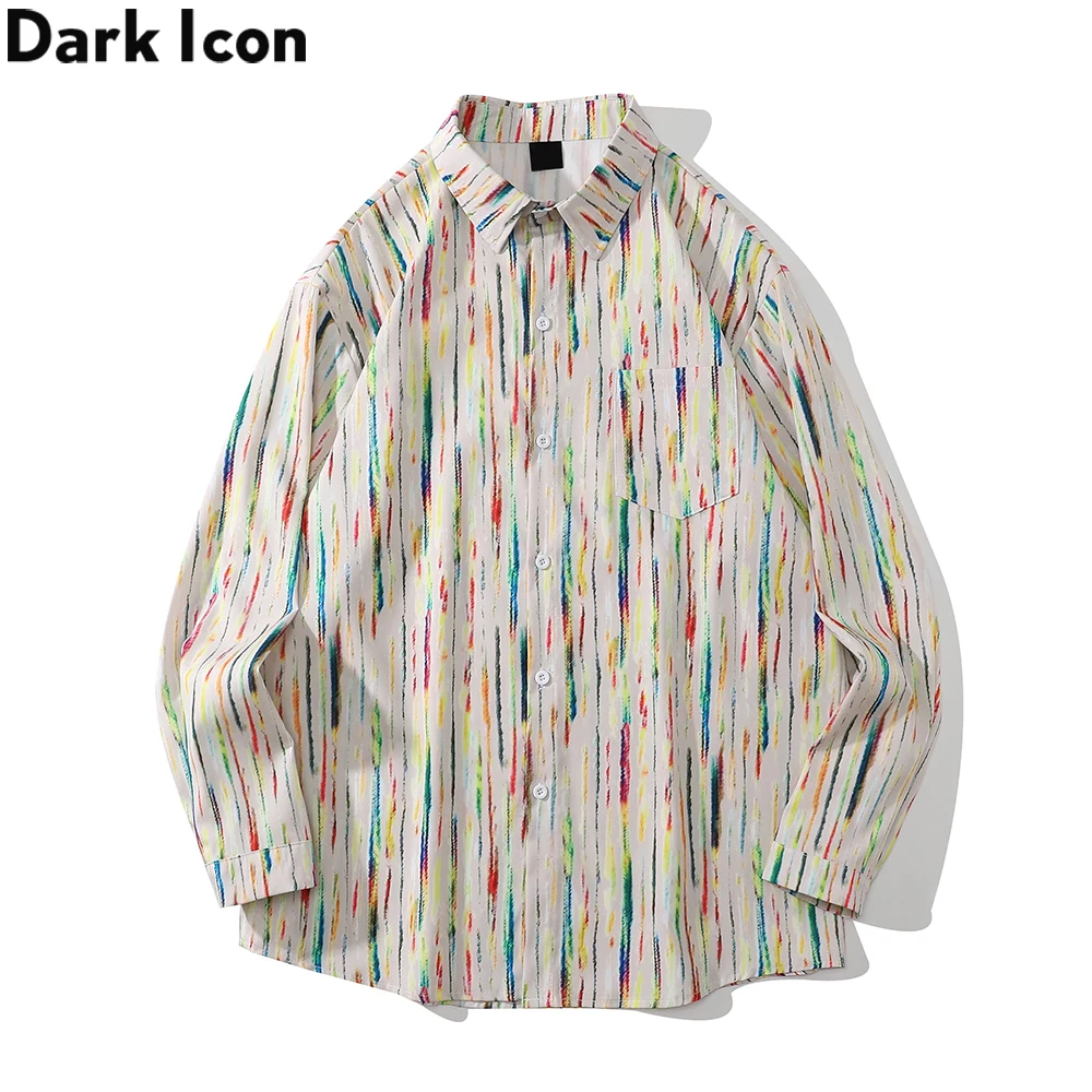 

Dark Icon Colorful Stripe Shirts for Men Autumn Turn-down Collar Long Sleeved Men's Shirts